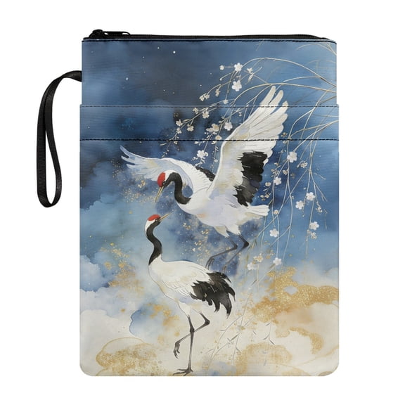 HELLHERO Book Cover for Women, 11.42 x 8.66 Inch Book Organzoer Holder with Zipper, Classroom Library for Reader, Two Cranes in Mist