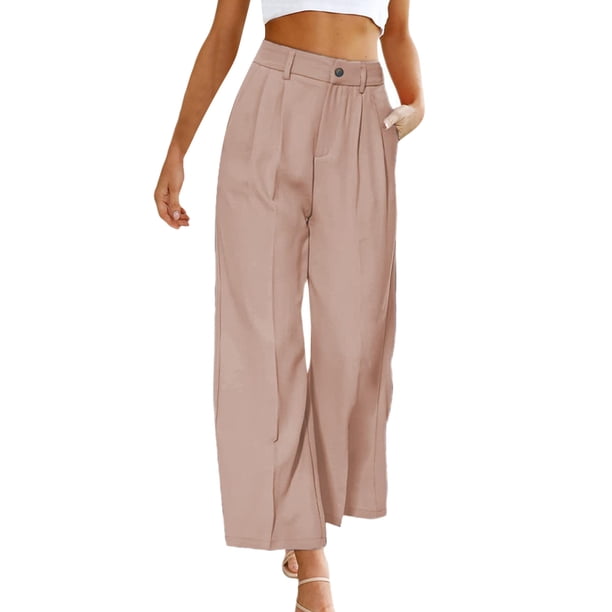 Gibobby pantalones de mezclilla para mujer Pantalones de pierna ancha de talle informales para mujer, pantalones de vestir de pierna recta con bolsillos (Rosa, L)