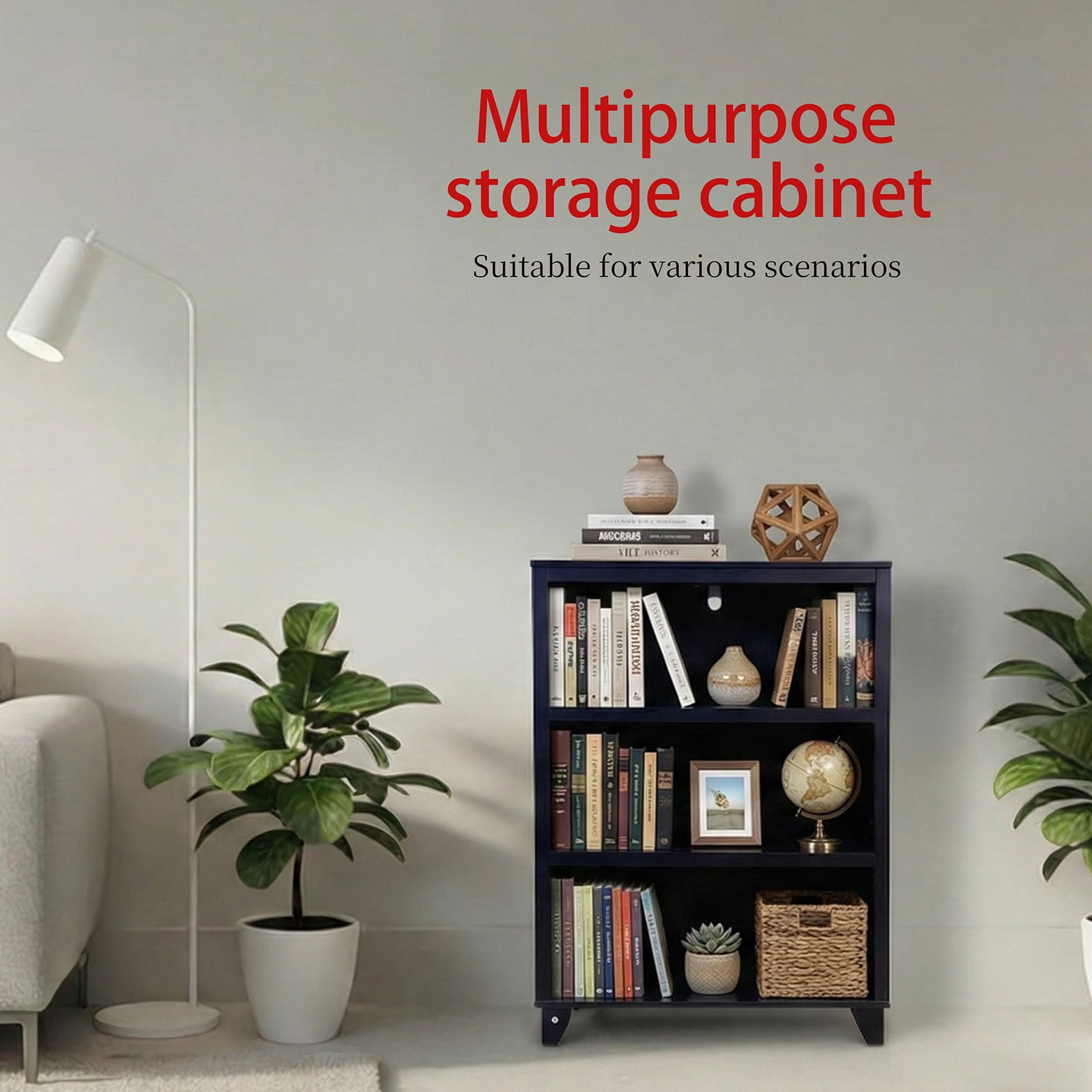 3-Tier Bookcase with Adjustable Shelves，27.56"W x 11.83"D x 40.16"H Floor Standing Open Bookshelf with Wood Legs for Home Office, Living Room, and Bedroom Storage,Black