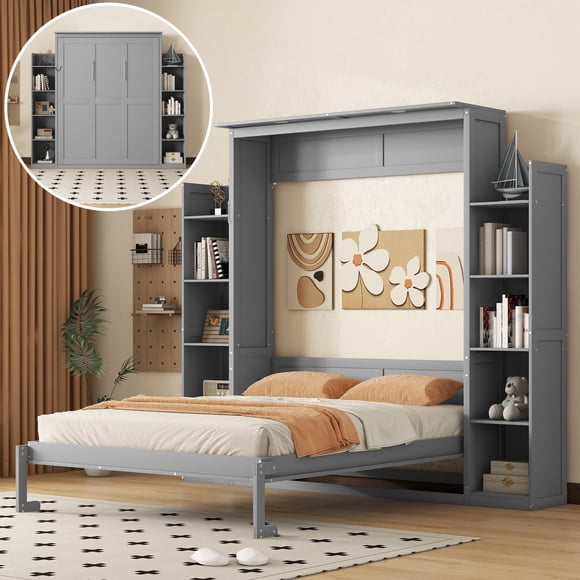 MODERNLUXE Queen Size Murphy Bed, Solid Wood Wall Platform Bed with 10 Shelves and LED Lights for Home Office, Gray