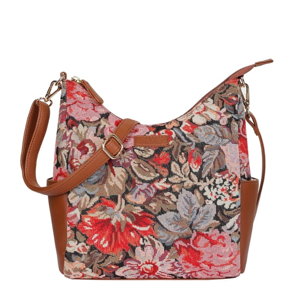 Ladies’ Floral Tapestry Hobo Bag with Vegan Leather Trim | Shoulder & Crossbody – Sishka