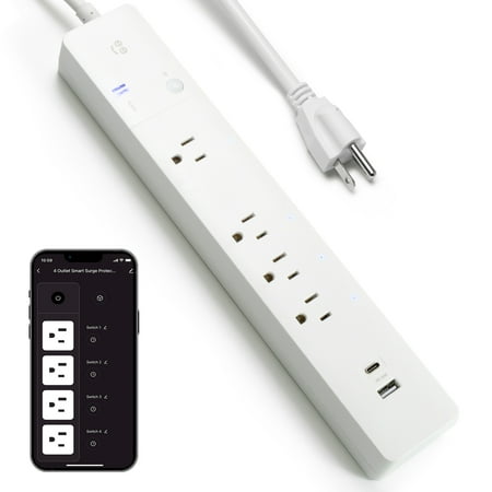 Geeni Multi Outlet Plug in, Smart 4 Outlet Wall Plug Plus 2 USB Ports, Surge Protector with 6 Ft Cord, WiFi Control, Alexa & Google Home Compatible, White