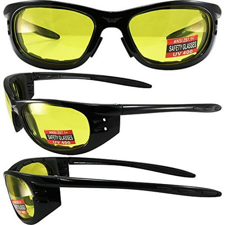 Global Vision Tyler Padded Motorcycle Safety Sunglasses Gloss Black Frame Yellow Lenses ANSI Z87.1