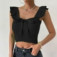 thumbnail image 4 of Slatcetga Women Top Bow Knot Front Neck Sleeveless Top Ruffle Rib Knit Slim Blouse Pure Color Blouse Black S, 4 of 6