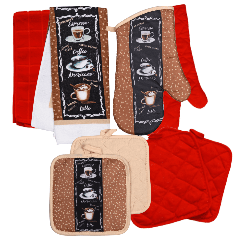 Coffee Themed Kitchen Mitts, Pot Holder, Kitchen Towels Set (Red
