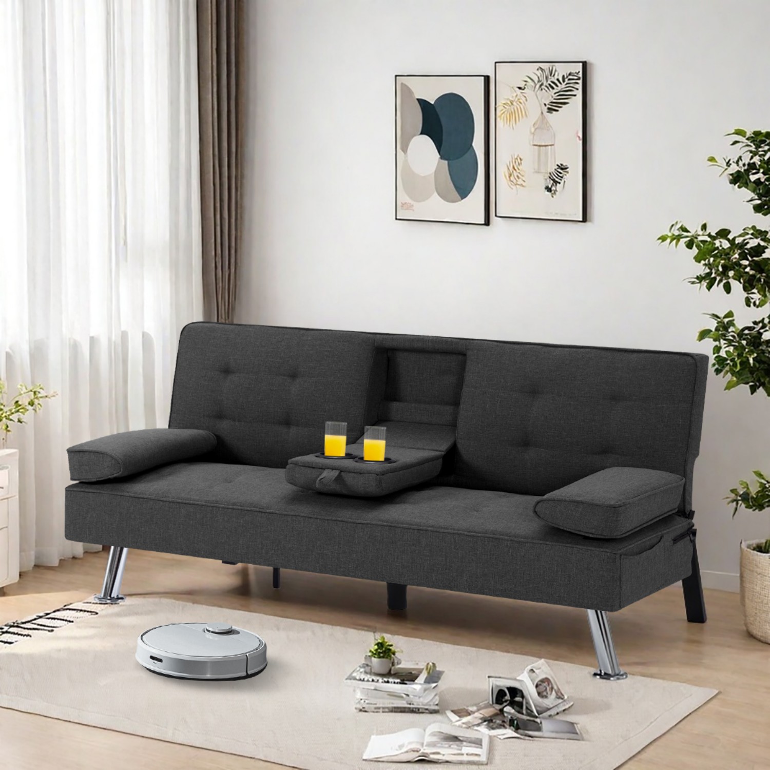 Gewnee 65.35" Futon Sofa Bed Metal Frame 5 Adjustable Positions Cup Holders Storage Pocket Office Apartment Dark Grey