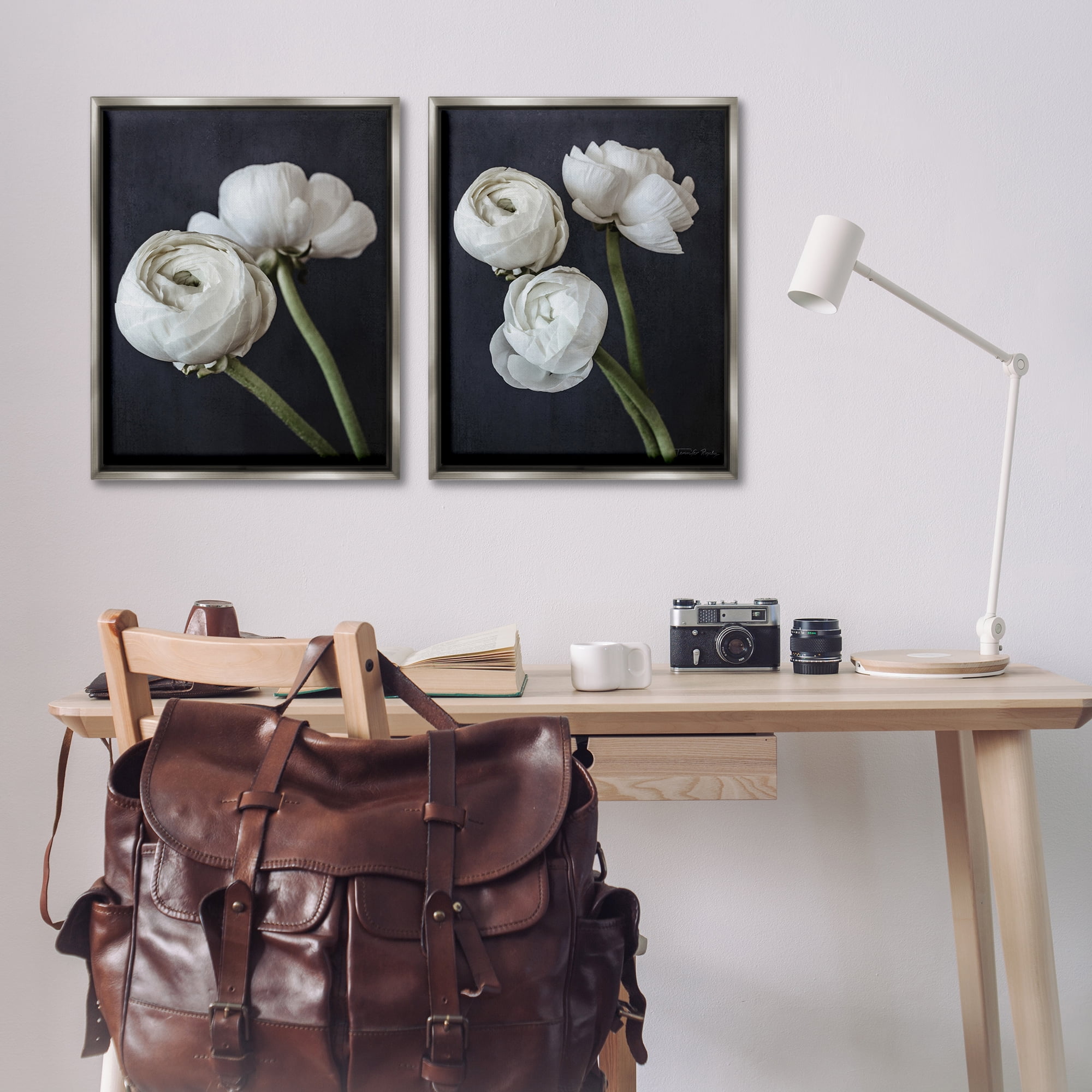 Stupell Industries Simple Black & White Peony Plants & Flowers Photography Gray Floater Framed Canvas Art Print Wall Art, 31 x 25, Set of 2