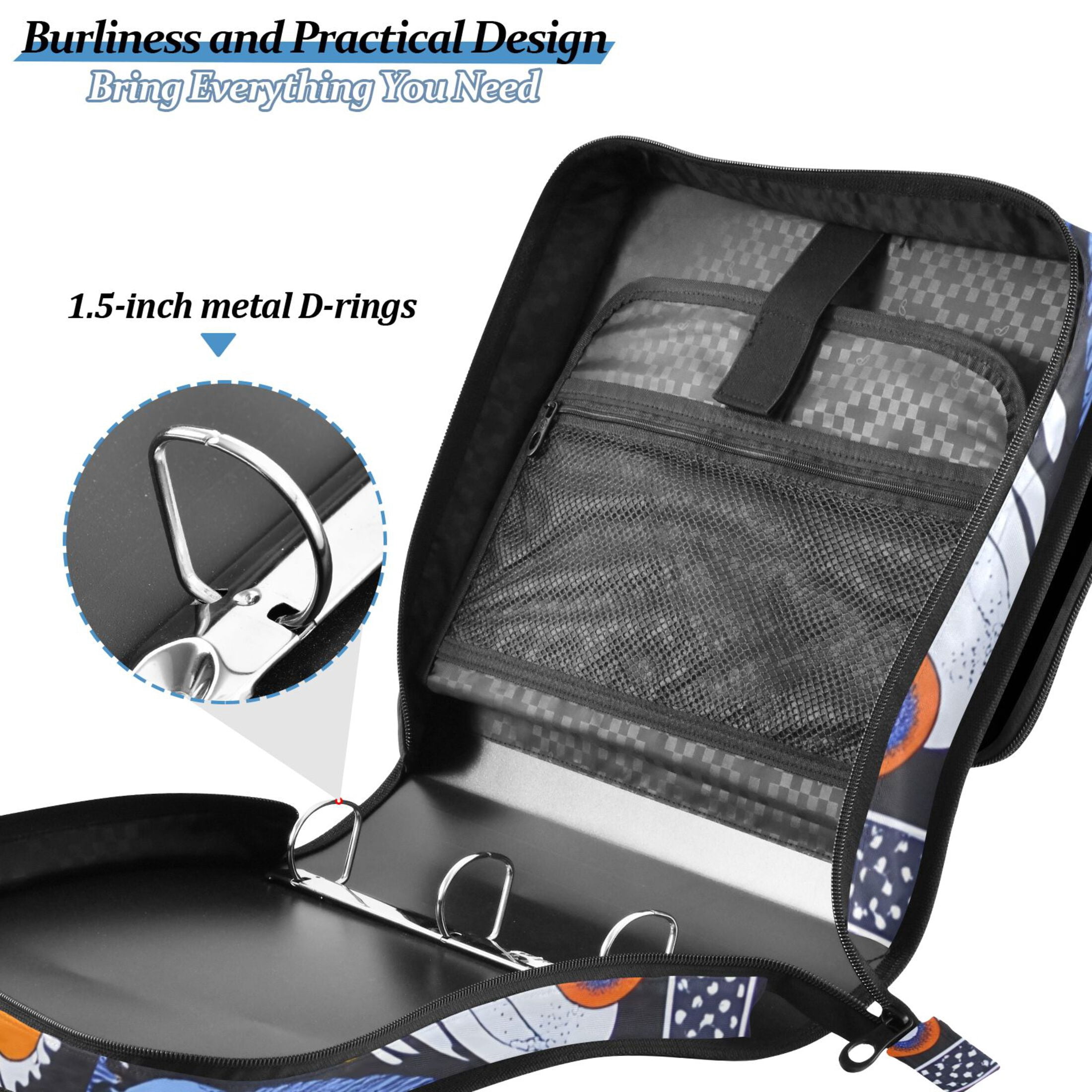 3 Ring Zipper Binder with Shoulder Strap Waterproof Trapper Keeper 2 Inch D-Ring 500 Sheets Capacity Blue Orange White Feather