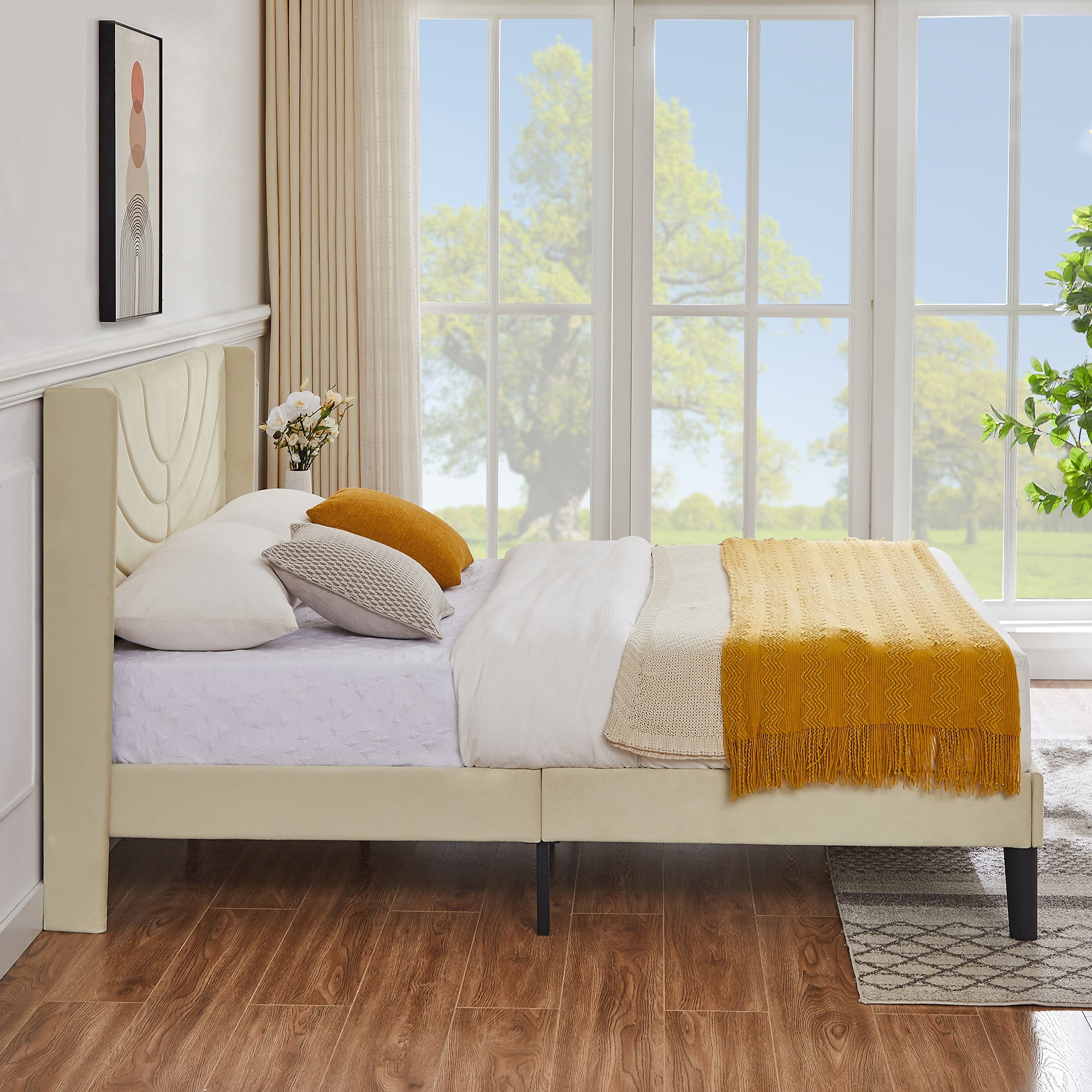 VECELO Full Platform Bed Frame with Upholstered Headboard, Strong Wooden Slats/No Box Spring Needed, Beige