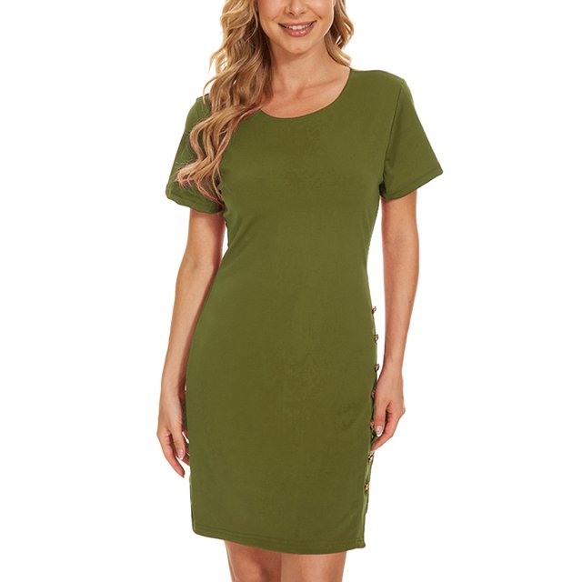 B91xZ Robes Longues pour Femmes Manches Courtes Col Rond Taille Haute Robe Courte Fluide à Volants, Vert Armée m