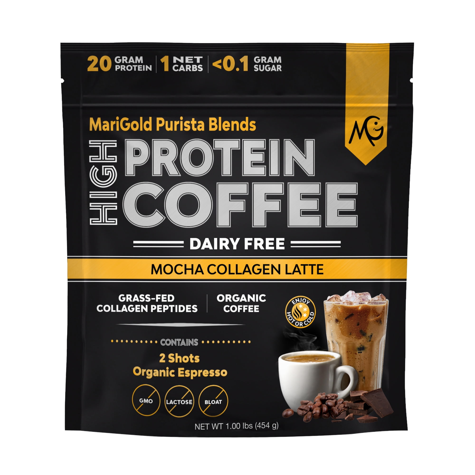 MariGold High Protein Collagen Coffee - Mocha Collagen Latte, Energy Drink Mix, Dairy Free, Grass-Fed Type I & III Collagen Peptides, Non-GMO, 1 lb