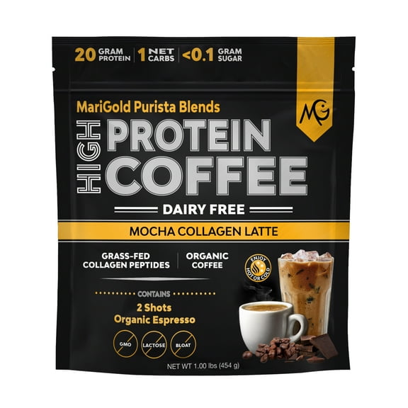 MariGold Collagen Coffee - Mocha Latte Energy Mix, Dairy Free, Grass-Fed Type I & III, Non-GMO, 1 lb