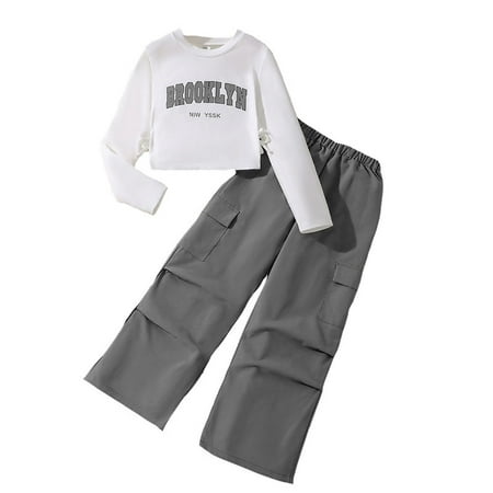 LIIPEE Girls Outfits Letter Printed Long Sleeve Round Neck Sweatshirt Shirts Solid Color Cargo Jogger Pants Set Girl Stylish Casual Daily Party Photoshoot Outfit Grey 10-11 Years