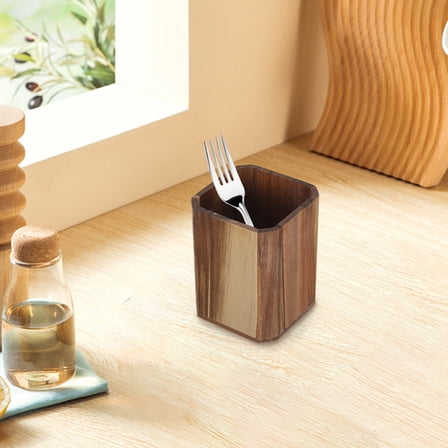 PAMINGONO Acacia Wood Storage Box for Kitchen Utensils with Spoon Fork Organizer in Brown