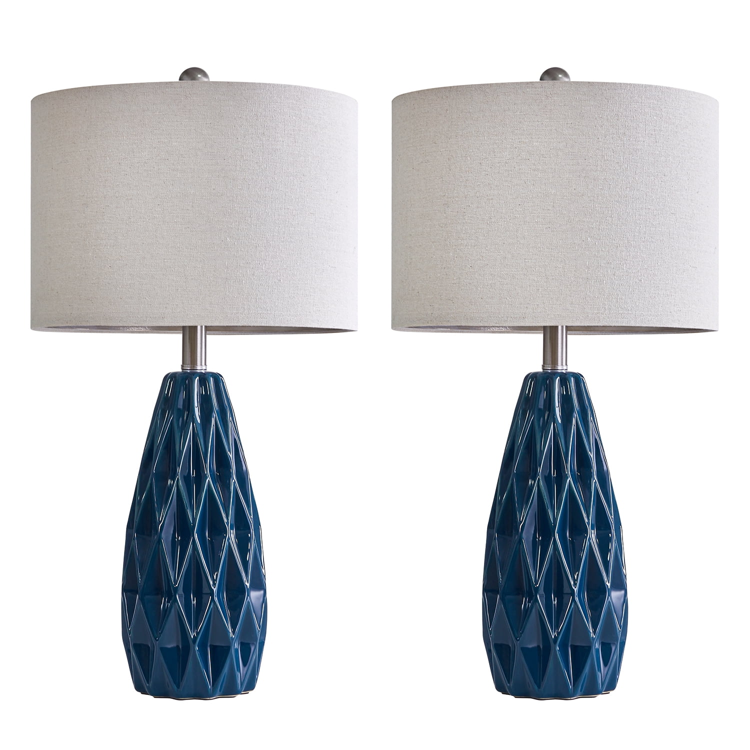 Oneach Modern Ceramic Table Lamp 24.75" Set of 2 Contemporary Blue Geometric Nightstand Lamps for Bedroom Living room
