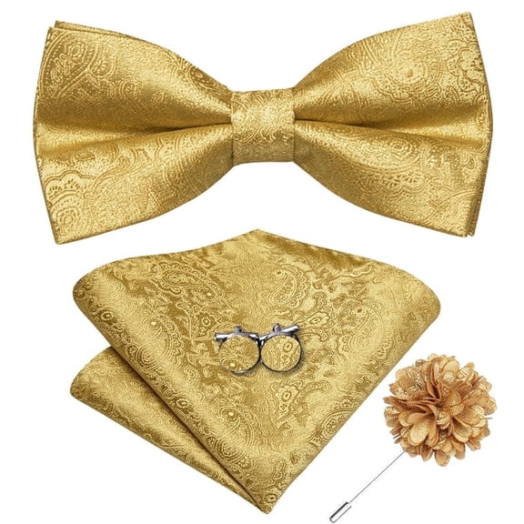 Hi-Tie Men’s Gold Paisley Silk Pre-Tied Bow Tie Set with Pocket Square Lapel Pin for Wedding