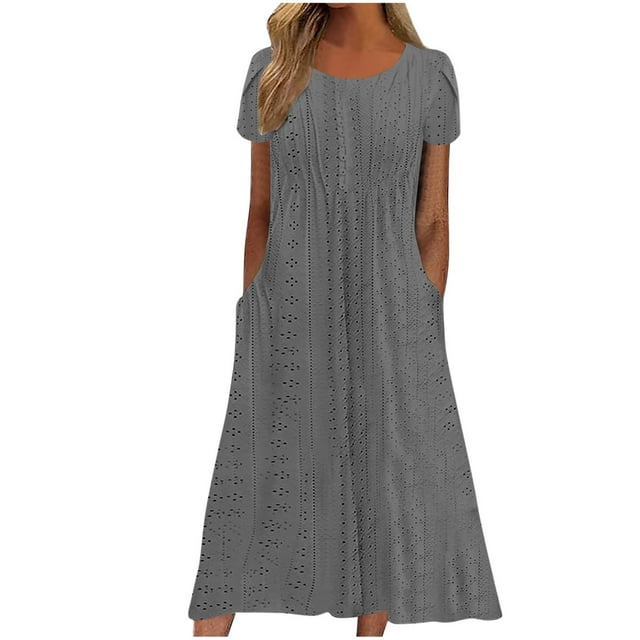 UPPADA Spring Dresses for Women Wedding Guest Spring Dresses for Women 2024 Casual Sun Dresses Solid Color Hollow Maxi Dresses Drawstring V-Neck Boho Dresses With Pockets Saving 2024