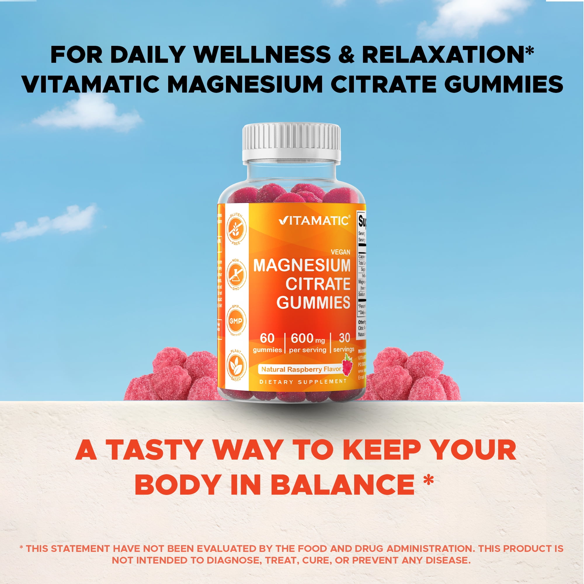 Vitamatic Magnesium Gummies 600mg per Serving - 60 Vegan Gummies - Promotes Healthy Relaxation, Muscle, Bone, & Energy Support  3 pack(180 Count)