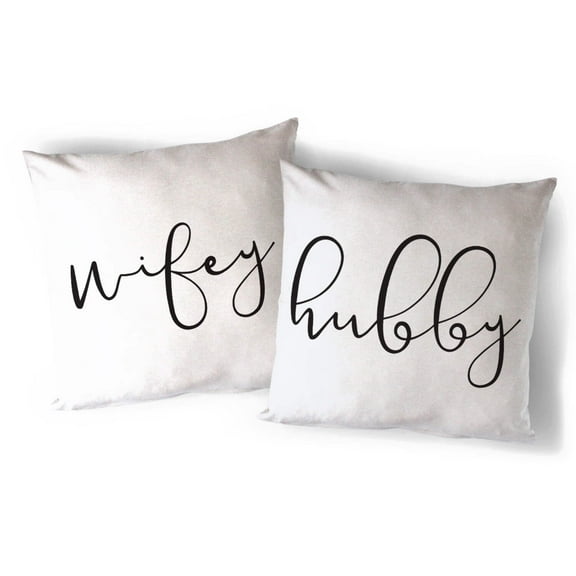 The Cotton & Canvas Co. Hubby and Wifey Home Decor Pillow Cover, Pillowcase, Cushion Cover and Decorative Throw Pillow, 2-pack (Natural Color, Not White)