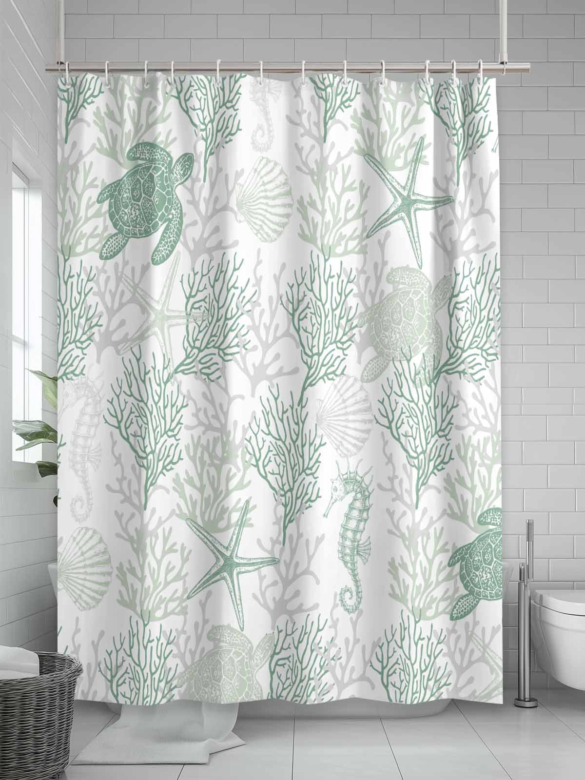 Boanket Polyester Fabric Green Coastal Shower Curtain, Sea Turtle Nautical Coral Summer Beach Waterproof Bathtub Curtain Bathroom Decor Set with Hooks 72 x 96 Inches,