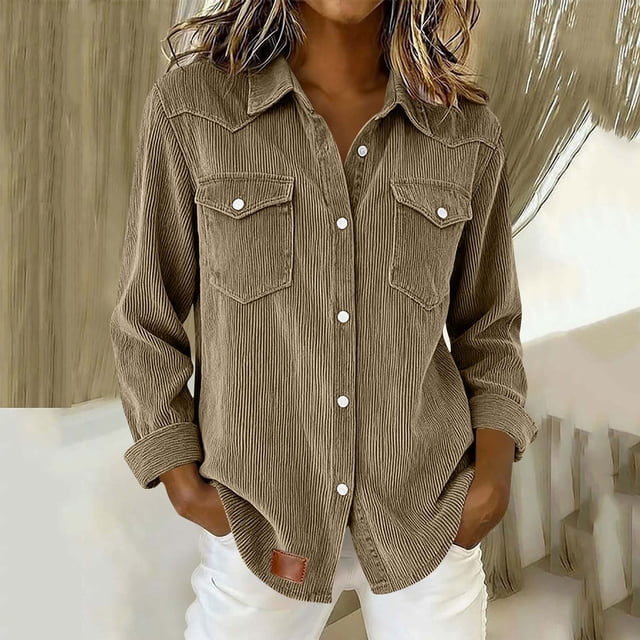 Ounisa Womens Corduroy Shirts Button Down Long Sleeve Collared Blouses Tops Oversized Boyfriend Jackets Shackets with Pocket