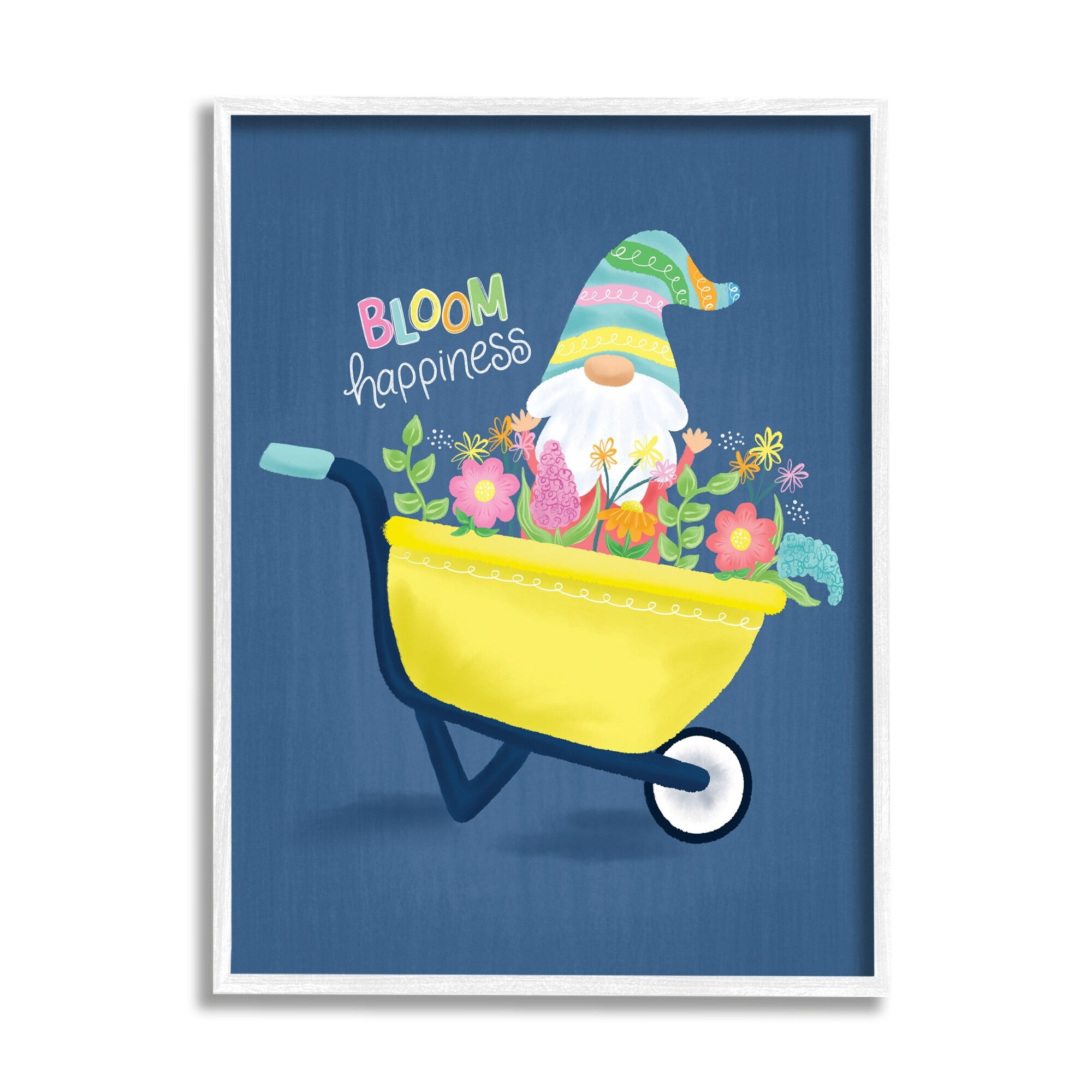 Stupell Industries Bloom Happiness Phrase Yellow Flower Wagon Gnome Framed Wall Art, 24 x 30, Design by Emily Cromwell