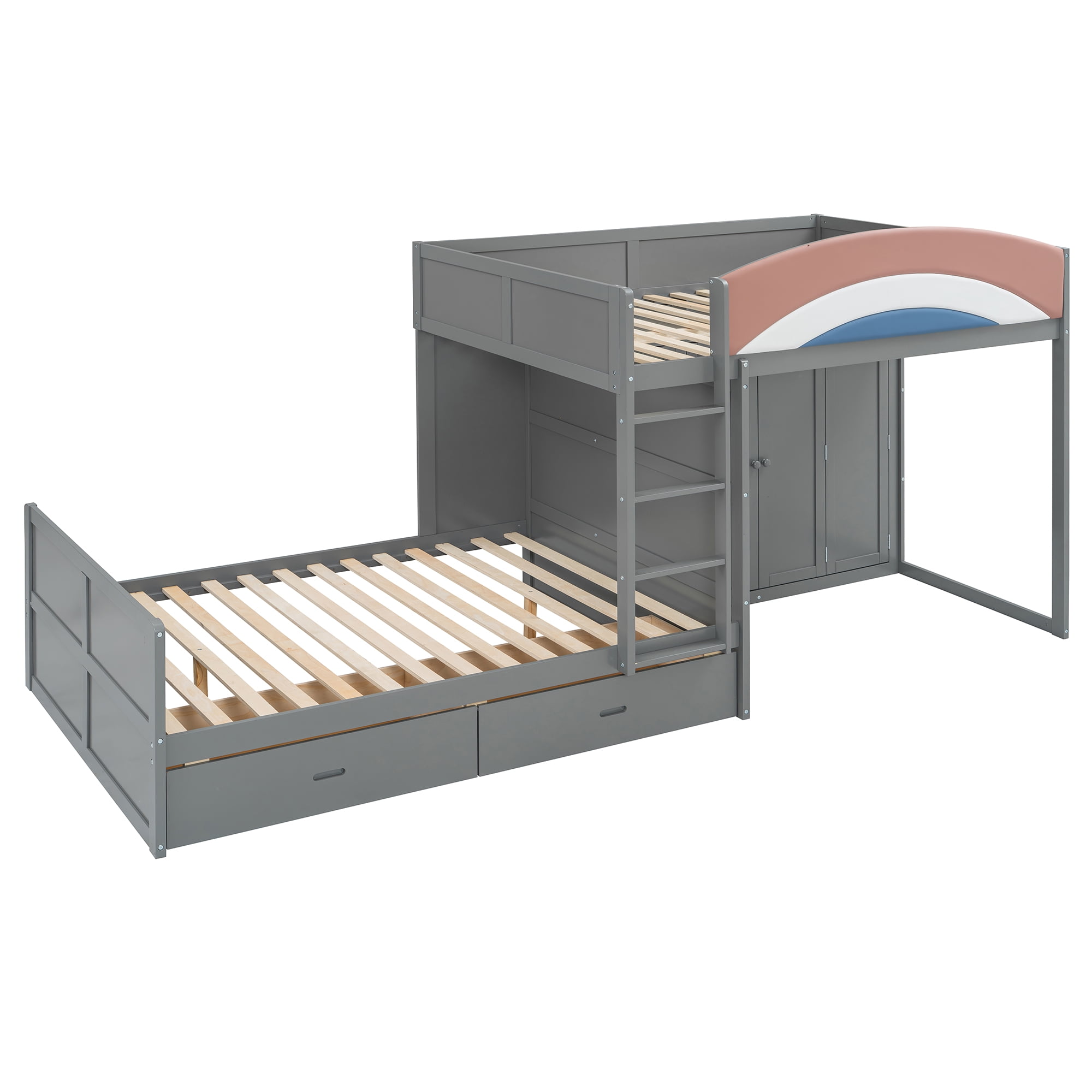 Mintazer Full Over Full Bunk Bed with Wardrobe & 2 Drawers, Platform Bed with Rainbow Guardrail for Kids Bedroom, Gray