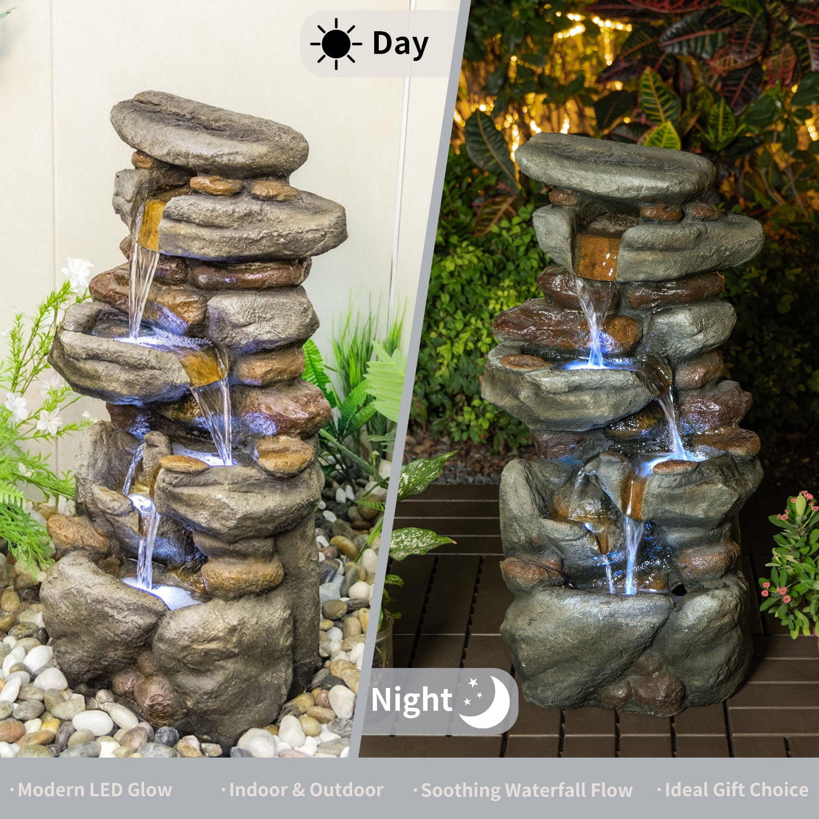 Morufur 30'' Outdoor Cascading Tiered Waterfall Fountain, Stone Fountains with LED Light for Patio Yard Garden Backyard, Gray