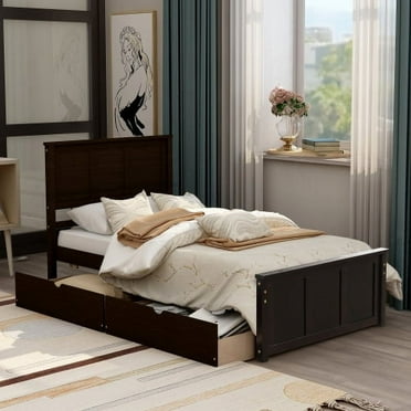 Twin Size Bed with 2 Storage Drawers, Wooden Platform Frame Bed with Wheels, Headboard and Footboard, No Box Spring Needed, Espresso