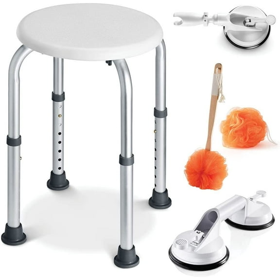 Shower Chair Set of 5 with 8 Adjustable Heights, Includes Suction Grab Bar & Suction Cup Shower Head Holder, Back Scrubber & Additional Sponge Tool Free - MedicalKingUsa
