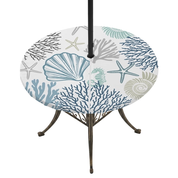 Navy Blue Teal Coastal Round Outdoor Tablecloth with Umbrella Hole Zipper, Summer Beach Coral Shell Ocean Elastic Fitted Table Cover, Waterproof Table Cloth for Patio Picnic Party Fits 31"-35"