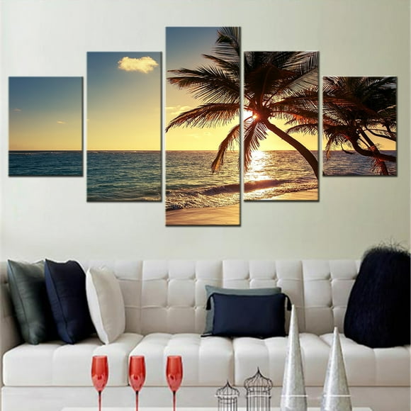 5 Pieces Canvas Art Painting Sea Sunset Palm Trees Landscape Poster Home Decoration Living Room Wall Picture Print Bedroom Mural, unframed.