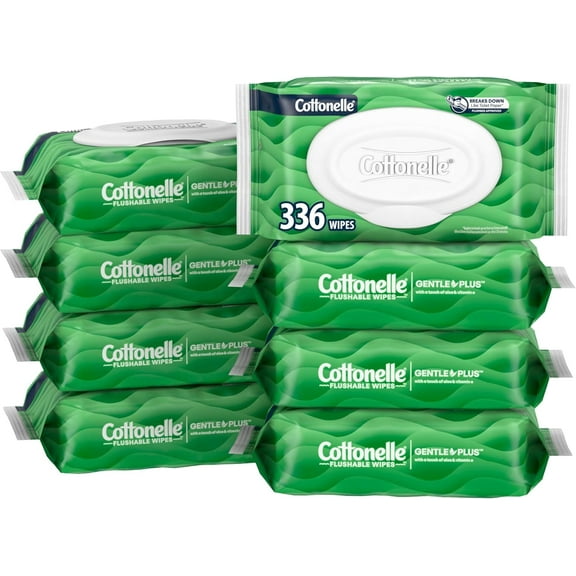 GentlePlus Flushable Wet Wipes with e & Vitamin E, 8 Flip-Top Packs, 42 Per Pack (336 Total Wipes), Packaging May Vary