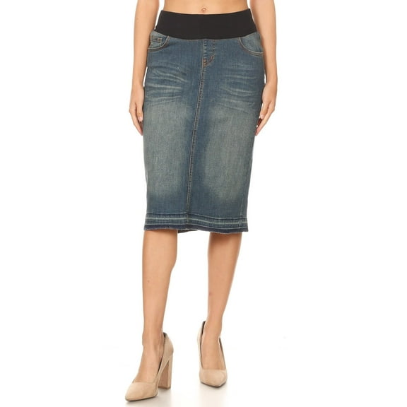 Be-Girl Women's Denim Maternity Midi Skirt Lycra Rib Elastic Waistband Vintage Wash - SG-77511