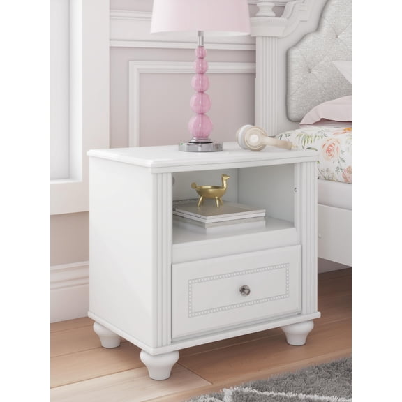Signature Design by Ashley Trindura One Drawer Nightstand with LED Lighting and USB Charging, Matte White Finish