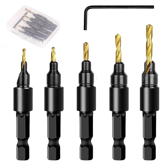 5PCS Countersink Drill Bit Set – Precision Drilling for Perfect Screw Holes, Hss Counter Sink Drill Bit Set for Wood, Depth Adjustable, Sizes #5, #6, #8, #10, #12