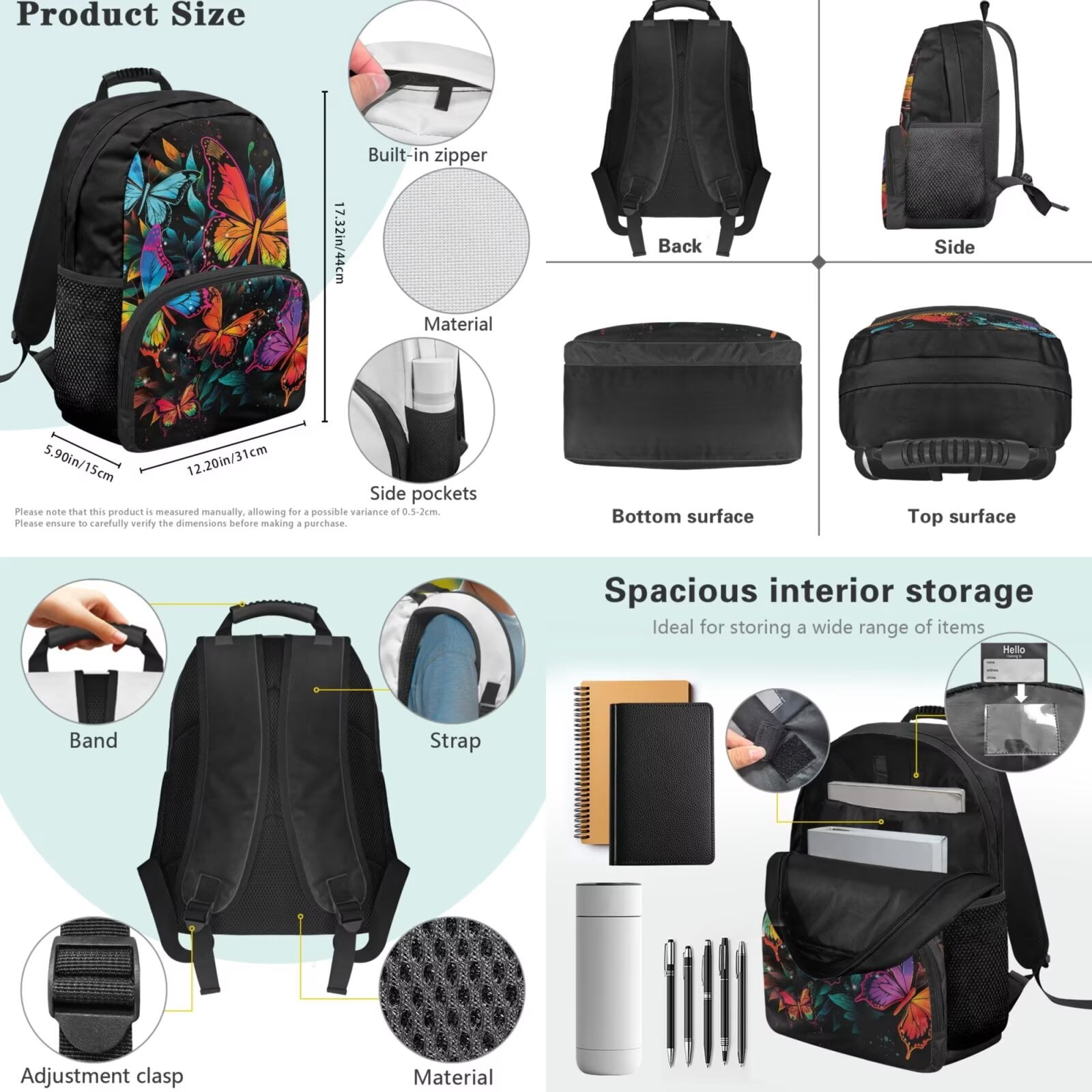 Pzuqiu Colorful Butterfly Girls Backpack with Lunch Box Pencil Case Water Bottle Holder 17 Inch Backpacks for School Girls with Adjustable Shoulder Strap, 4pcs Large Student Bag