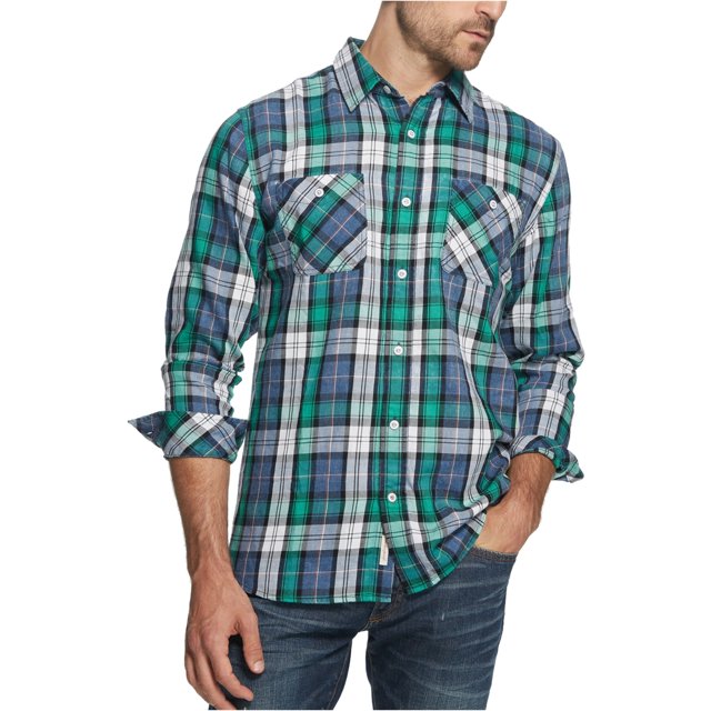 Camisa abotonada de franela a cuadros resistente a la intemperie para hombre, verde, pequeña