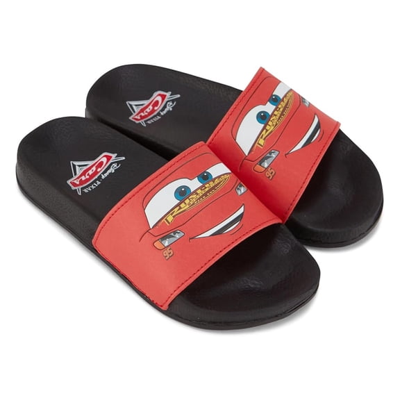 Disney Boys Pixar Cars Slide, Slip-on Sandals Lightning McQueen Slippers Black Red - 2