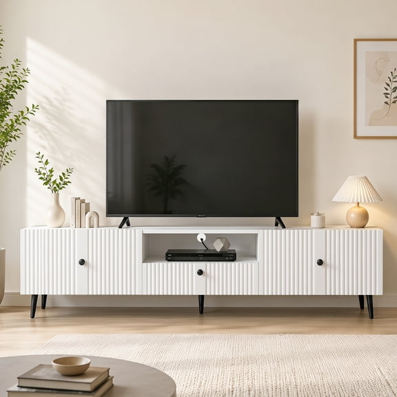 Hironpal 70" Modern Fluted TV Stand,Entertainment Center Media TV Console Table with Shelf for Living Room,White