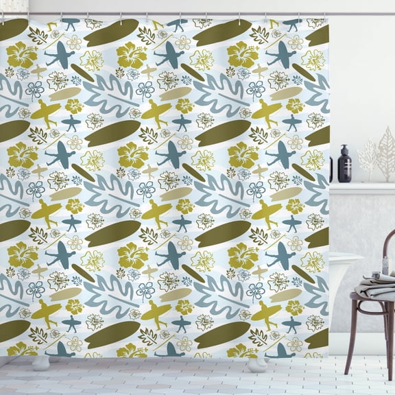 Ambesonne Luau Shower Curtain, Summer Surfers and Plants, 69"Wx84"L, Olive Green Slate Blue