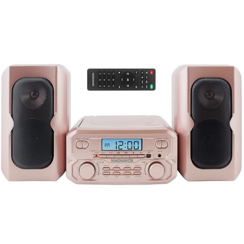 Magnavox MM435M2-RG Sistema compacto de estantería para CD de 3 piezas con radio estéreo FM digital, tecnología inalámbrica Bluetooth y control remoto en oro rosa | Pantalla LCD | Compatible con puert