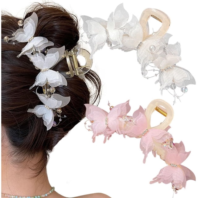pinzas para el pelo con forma de mariposa, bonitas pinzas para el pelo con diseño de diamantes de imitación de perlas, pinzas grandes y elegantes para el pelo grueso o fino, pinzas de
