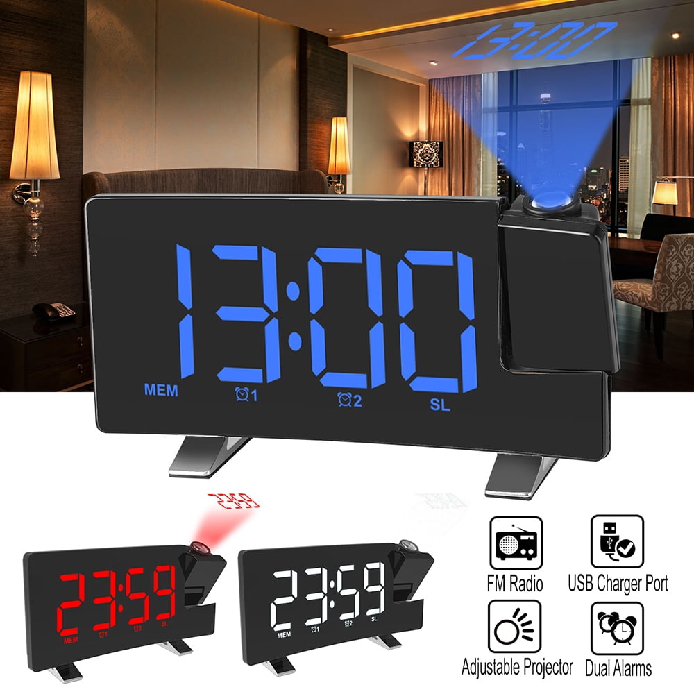Digital Alarm Clock Projection FM Radio LED Dual Alarms Snooze USB Charging Port 