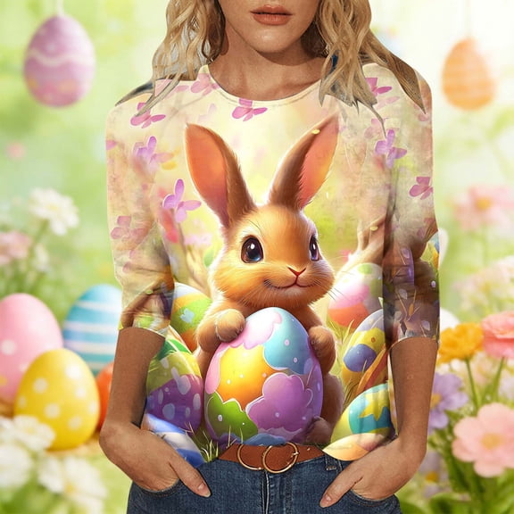 Mifsaly Womens Cotton Tops Crewneck 3/4 Sleeve Easter Shirts Cute Bunny Holding Egg Print T-Shirt Family Blouse Gifts Easter Outfits L