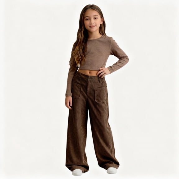 ATOGUTA Girls School Uniform Pants Baggy Sweatpants Lightweight Straight Leg Athletic Pants with Pockets Size 7-16, Coffee