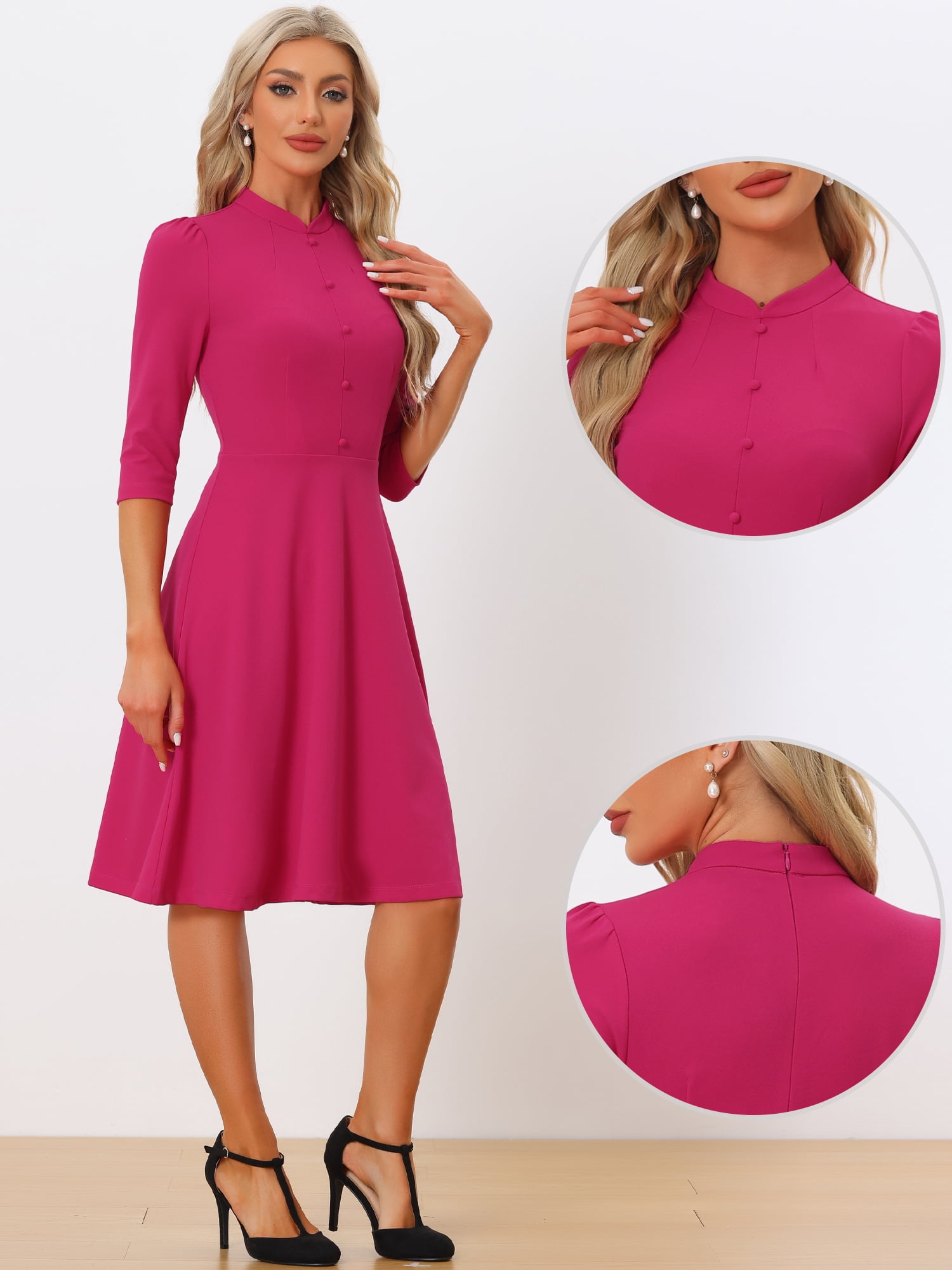 Unique Bargains Women's Sheath 3/4 Sleeves Stand Collar A-Line Dress L Hot Pink