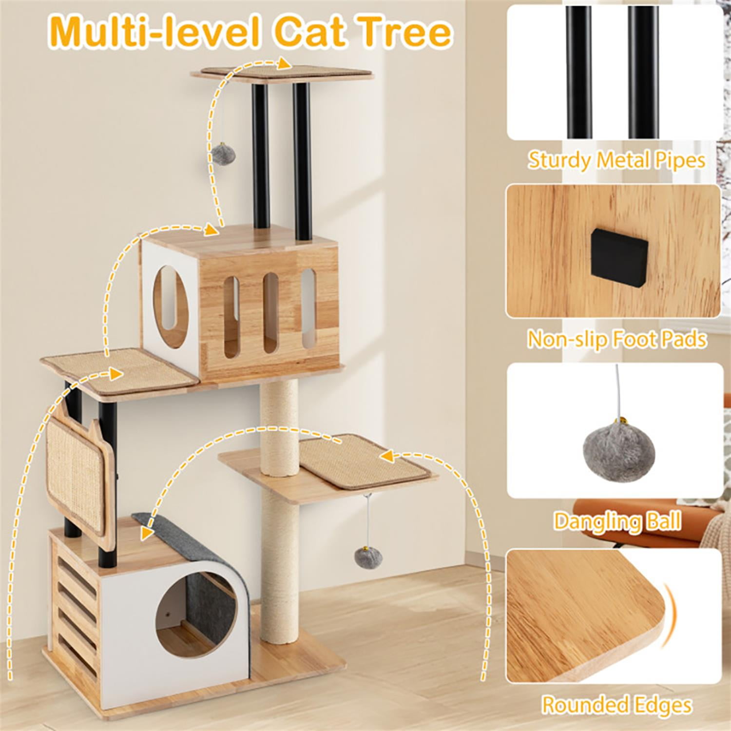 Kadyn 56" Modern Cat Tree with Toy, Cat Tower Condo for Indoor Cats with 2 Condos, Sisal Scratching Posts and Carpets, Beige