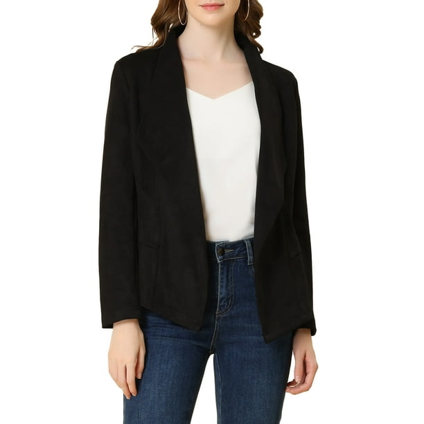 Blazer de ante sintético para mujer INSPIRE CHIC, con drapeado, cuello, mangas largas y abertura frontal, talla XS, color negro