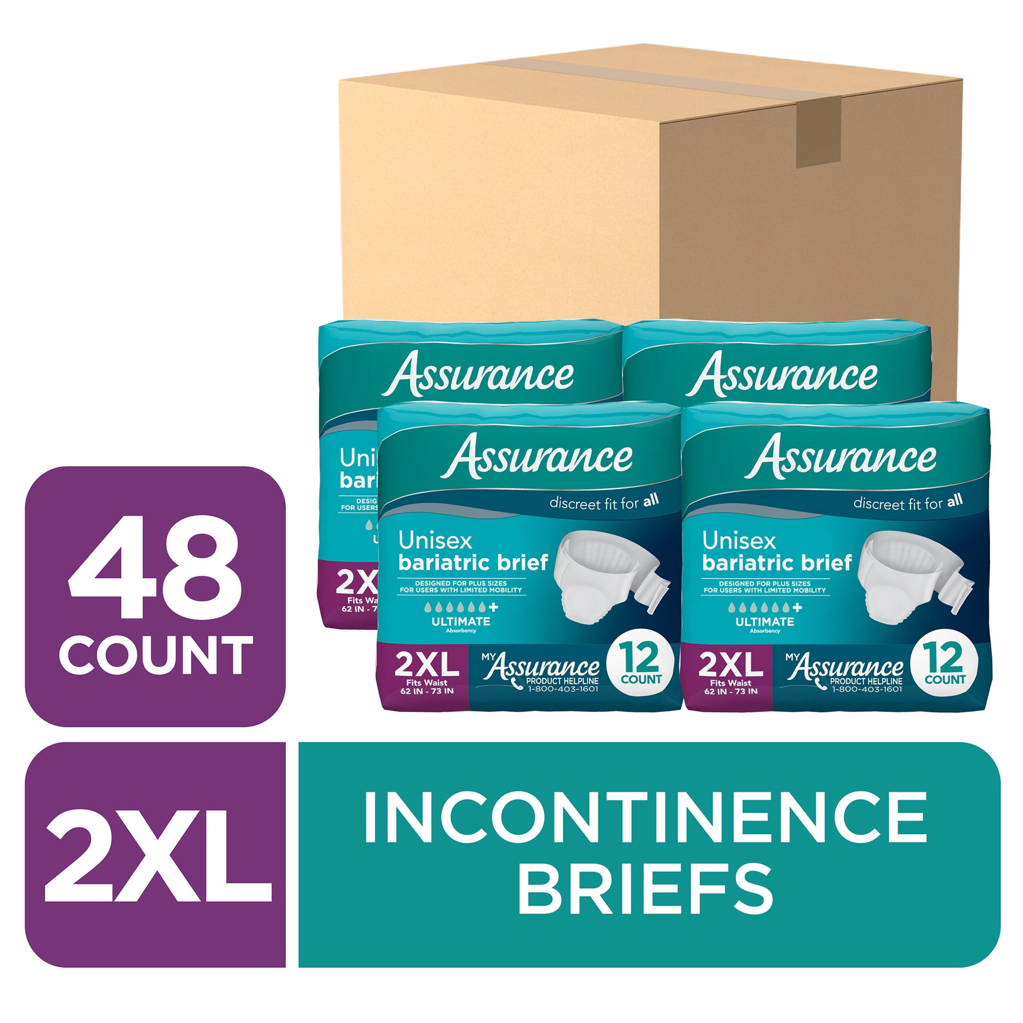 Assurance Unisex Bariatric Briefs, Ultimate Absorbency, XXL, (48 Count)